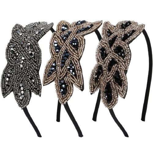 Flapper Headbands for Women 1920s Headpiece 3PCS Flapper Headpiece Beaded Roaring 20s Hair Accessories for Women for Party Vintage Great Gatsby Costume Headband Woman, Black Blue Rhinestone Head Band