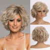 Oseti Short Curly Wigs Light Brown Curly Bob Wigs for Women Pixie Cut Short Hair Wigs Layered Ash Blonde with Bangs Synthetic Hair Wig Short Ombre Blonde Wig for Daily Use