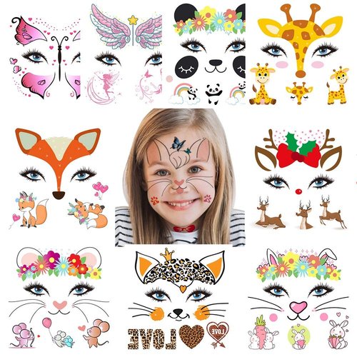 Fanoshon Animal Temporary Face Tattoo Sticker Set for Kids Adults, Water Transfer Butterfly Panda Deer Giraffe Fairy Floral Festival Body Paint Makeup Decoration Stickers for Halloween Multi-colored