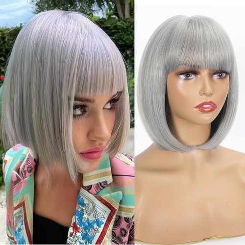 Yunkang Wig With Bangs 12 Inch Mix Grey color Bob Wig for Women Natural Looking Short Bob Wig With Bangs Heat Resistant Synthetic Hair Wig for Daily Party Cosplay (12inch, M-Grey)