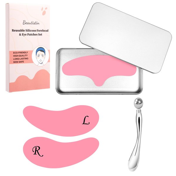 Silicone Forehead Wrinkle Patch - Non-Glue Reusable Forehead Wrinkle Patch and Eye Patches Set, Silicone Patches for Wrinkles, For Use with Face Cream or Lotion, Metal Eye Massage Stick&Tin Case, Pink