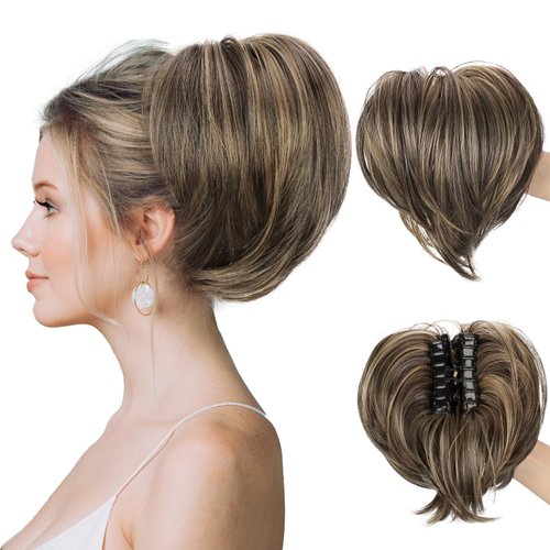 Rosooi Claw Clip Messy Bun Hair Piece Short Ponytail Extension with 3 Bendable Metals Wires Synth...