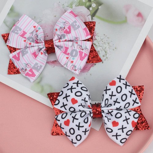 2Pcs Valentine's Day Love Hair Clip Claw for Kids Girls Glitter Heart Headwear Hairpin Ribbon Hair Clip XOXO Bowknot Red Sequins Headdress for Birthday Party New Year Wedding Hair Decor