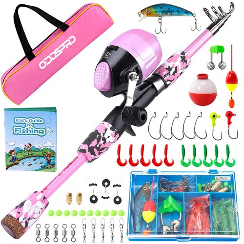 ODDSPRO Kids Fishing Pole - Kids Fishing Starter Kit - with Tackle Box, Reel, Practice Plug, Beginner's Guide and Travel Bag for Boys, Girls (Light Pink, 1.5M 4.92Ft)