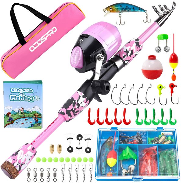 ODDSPRO Kids Fishing Pole - Kids Fishing Starter Kit - with Tackle Box, Reel, Practice Plug, Beginner's Guide and Travel Bag for Boys, Girls (Light Pink, 1.5M 4.92Ft)