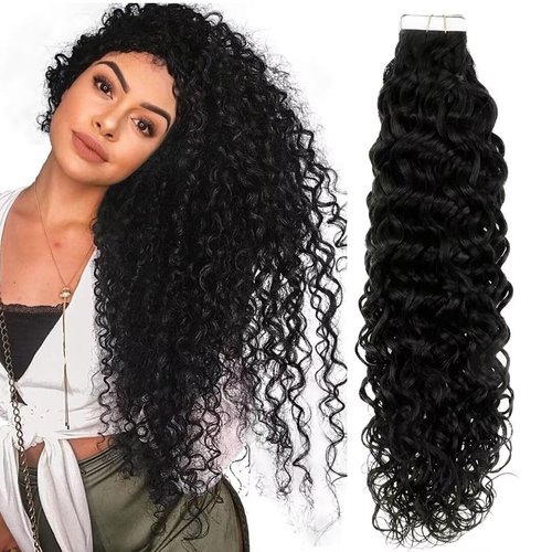 Hetto Curly Tape in Hair Extensions Human Hair 22 Inch Black Natural Wavy Tape in Human Hair Extensions Invisible Tape in Extensions Real Human Hair Double Sided Long Curly Hair 20Pcs 50g