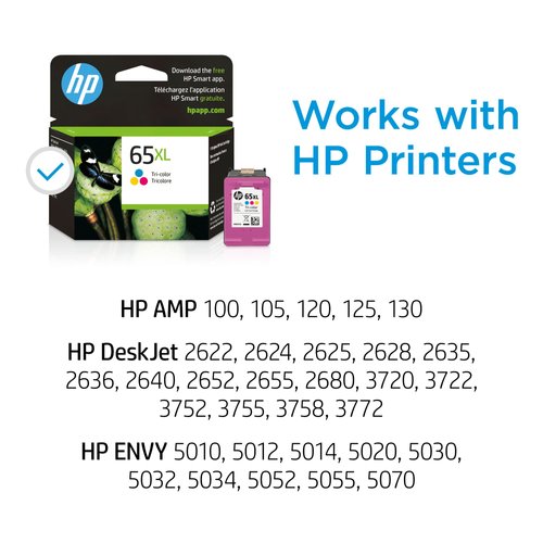 HP 65XL Tri-color High-yield Ink Cartridge | Works with HP AMP 100 Series, HP DeskJet 2600, 3700 Series, HP ENVY 5000 Series | Eligible for Instant Ink | N9K03AN