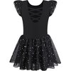 MOLLDAN Girls Dance Leotards for Ballet Dress Shiny Skirt Ruffle Sleeve Crisscross Back(QT4043-06-M) Black