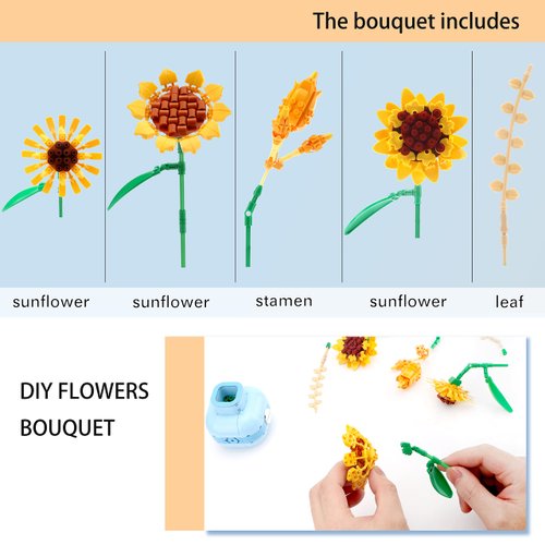 LUKHANG Sunflower Building Blocks Set Flower Bouquet with Vase for Adults Building Toys for Girls Boys Home Decor - 559PCS 12+