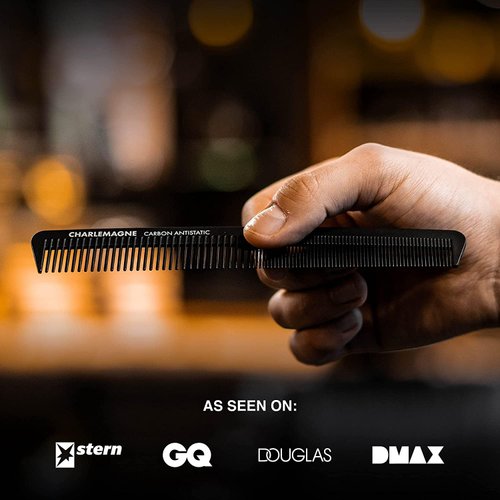 Charlemagne Men's Hair Comb, Shatterproof Premium Carbon Comb, 18 cm Anti-Static Fine Hair Comb for Hair Cutting, Hairdressing Comb for Men and Women - Combs for Men - Mens Hair Comb - Fine Comb