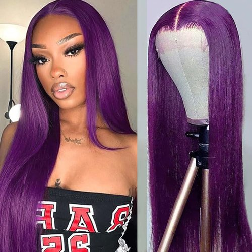 Lezaxiu Purple Lace Front Wigs Long Straight Glueless Dark Purple Wigs Pre Plucked Ready to Wear Wigs Heat Resistant Synthetic Lace Front Wig for Black Women Natural Hairline