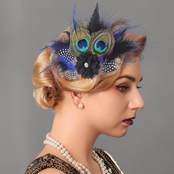Yokawe 1920s Feather Hair Clip Elegant Black Peacock Feather Hair Clips with Flowers Gatsby Party Head Accessories for Women