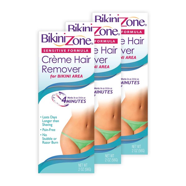 Bikini Zone Crème Hair Remover – Instant Hair Removal for Women – Depilatory Cream for Sensitive Skin & Delicate Areas – Lasts Longer than Shaving – Painless w/Aloe, Chamomile (2oz, Pack of 3)