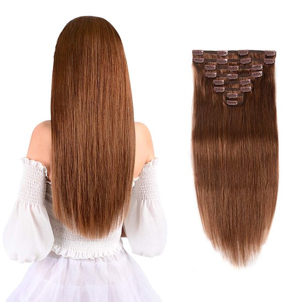 12" Remy Clip in Hair Extensions Human Hair Light Brown for Women Beauty - Short Silky Straight 8pcs 20clips Real Hair Extensions Clip In Human Hair (12 inch 100g #6 Light Brown)