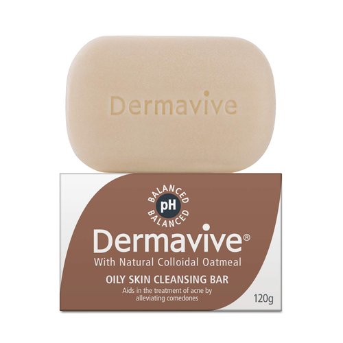 Dermavive Oily Skin Cleansing Bar, Cleansing Soap-Free Bar with Colloidal Oatmeal, Aids in Acne Treatment, Natural Oatmeal Bar, Gentle & Effective on Oily Prone Skin, 120g