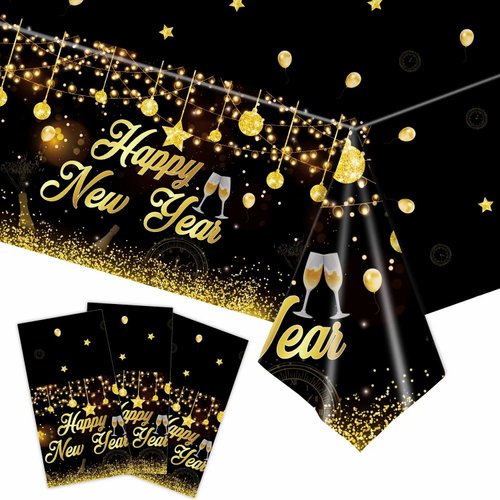 YVAINE 3Pcs New Years Eve Party Table Covers Happy New Year Tablecloths Black and Gold Plastic Table Cover for 2025 New Years Eve Party Supplies,108 X 54 Inches