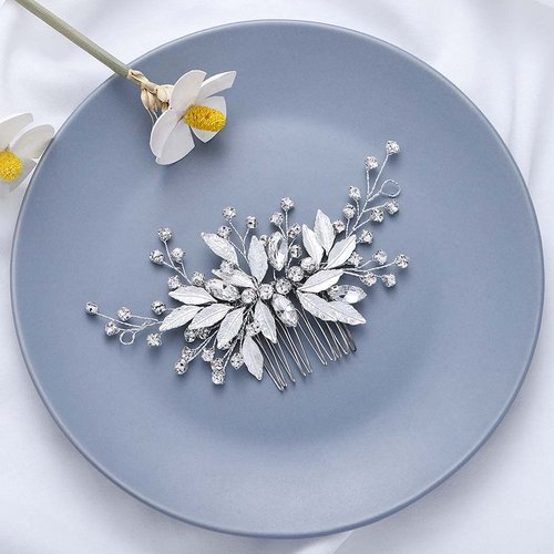Latious Silver Bride Wedding Hair Comb Crystal Bridal Side Comb Leaf Hair Piece Rhinestone Hair Accessories for Women and Girls (Silver)