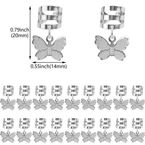40 Pcs Silver Butterfly Braid Hair Clips Jewelry Cuffs Butterflies Dreadlock Braids Pendants Clip Adjustable Metal Butterflies Decoration Rings Clips Braid Hair Charms Styling Accessories for Women