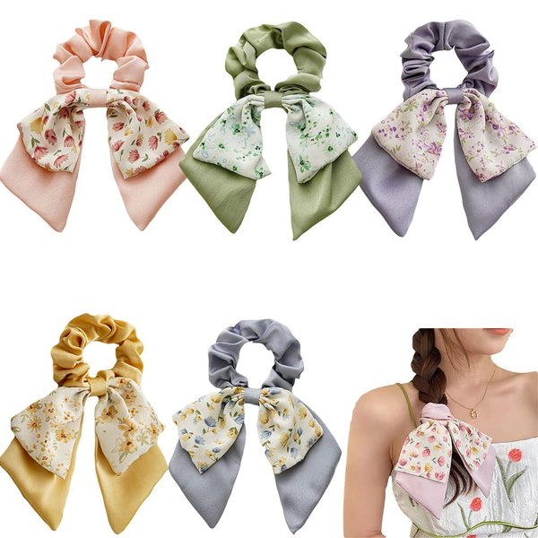 5PCS Short Hair Scarf with Ribbon Hair Bow Scrunchies Elegant Bow Hair Ties Floral Hair Scrunchies Chiffon Bowknot Hair Scrunchies for Women