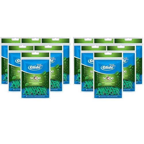 Oral-B Complete Glide Dental Floss Picks Plus Scope Outlast, Long Lasting Mint, 75 Dental Floss Picks, (12-Pack)