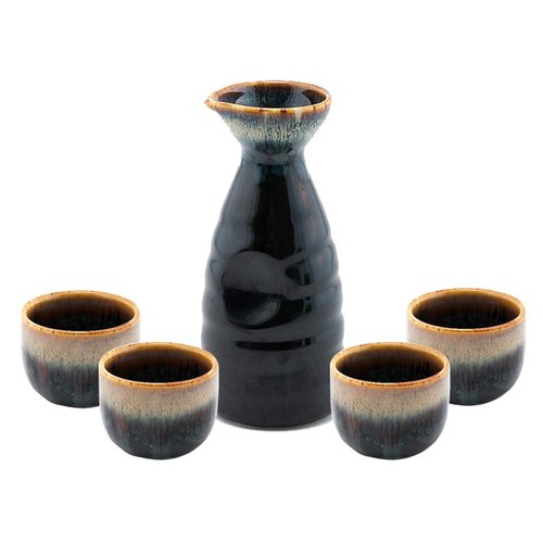 Happy Sales HSSS-WFLBLK, Perfect 5 pc Japanese Design Ceramic Sake set, Waterfall