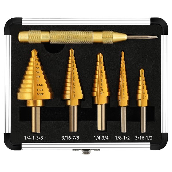 COMOWARE Step Drill Bit Set 5-Piece Titanium-Coated with Automatic Center Punch - Short Length, Double Cutting Blades, High-Speed Steel - Covering 50 Sizes, Complete with Aluminum Case