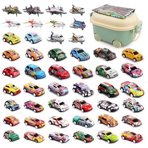 DAKUO 48 Pack Pull Back Toy Cars for Toddlers with Storage Box, Mini Cars Toy and Plane Metal Race Car Party Favors, Small Vehicles Set Cars for Kids Boys Girls Ages 3-8 Christmas Birthday Gifts