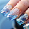 Medium Press on Nails Blue Fake Nails Square False Nails with Gold Foil and Sea Designs Glue on Nails Gradient Acrylic Nails Reusable Full Cover Artificial Nails for Women and Girls 24PCS
