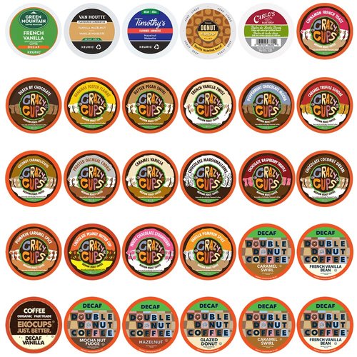 Flavored Decaf Coffee Pods Variety Pack Sampler, Assorted Single Serve Decaffeinated Coffee Capsules for Keurig K Cups Brewers, 30 Flavored Decaf Coffees - No Duplicates