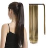 BARSDAR Straight Ponytail Extension - 26 Inch Long Straight Wrap Around Ponytail for Women Clip in Ponytail Hair Extensions Synthetic Hair Pony Tails Hairpieces Daily - Medium Brown & Highlights