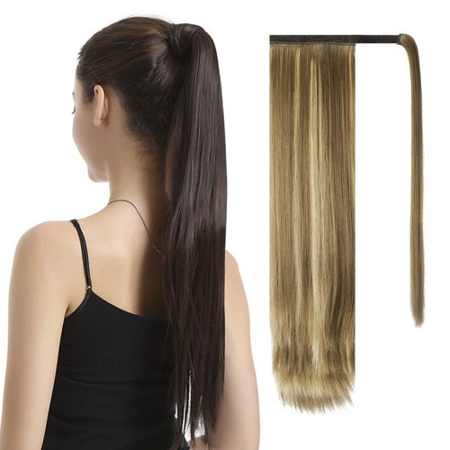 BARSDAR Straight Ponytail Extension - 26 Inch Long Straight Wrap Around Ponytail for Women Clip in Ponytail Hair Extensions Synthetic Hair Pony Tails Hairpieces Daily - Medium Brown & Highlights