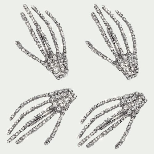 4Pcs Crystal Skeleton Hands Hair Clips Halloween Party Hair Decor Women Girls Hair Accessories, Silver