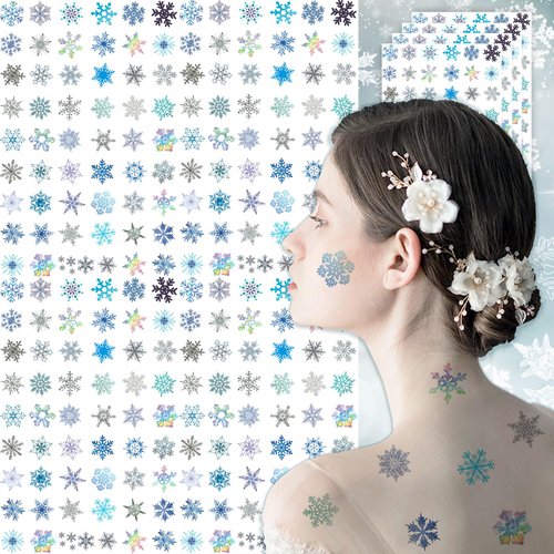 216 Pcs Snowflake Temporary Tattoos Sticker Multicolor Women Christmas Winter Holiday Party Body Face Decorations Supplies 4 Sheets