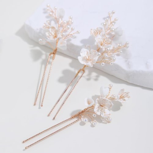 Soulshow 3 Pieces Vintage Pearl Gold Bridal Hair Pins for Women Handmade New Material Polymer Clay Flower Wedding Hair Pins Bridal Hair Accessories