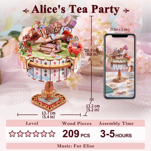 Tonecheer x British Library Wooden Music Box Puzzle for Adults, DIY Rotating Music Box Kit 3D Creative Musical Puzzle Crafts Model Building Kits Desk Decor for Teens Birthday Gift (Alice's Tea Party)
