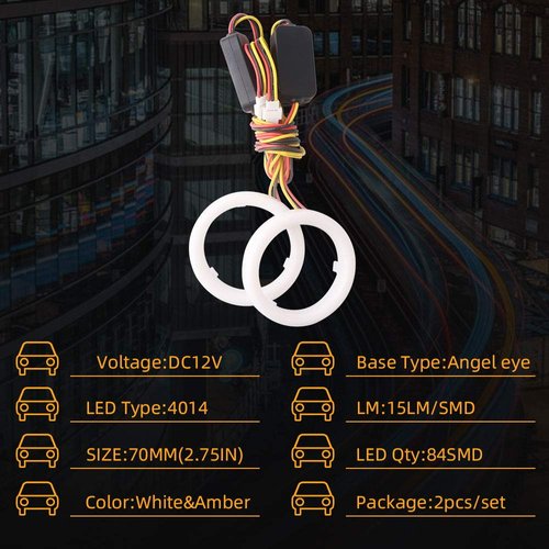 Qasim 1-Pair 70MM White+Amber Switchback 84SMD 4014 LED Car Angel Eyes Halo Ring DRL Fog Light Turn Signal Light Lamp 12V