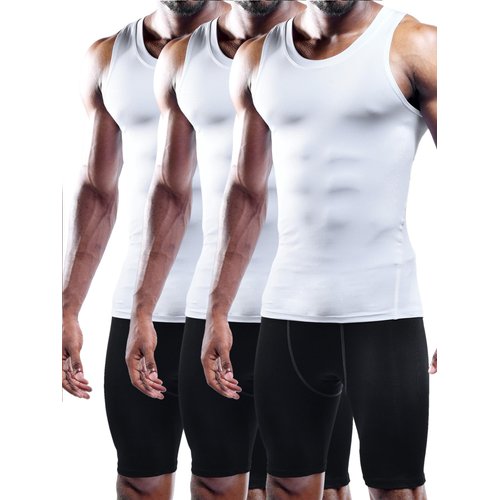 NELEUS Men's 3 Pack Mesh Compression Tank Top Athletic Base Layer,802,White,L,EUR XL