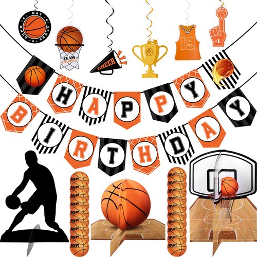 26 Pcs Basketball Party Decorations Basketball Happy Birthday Banners Sports Party Supplies Basketball Player Silhouette Hanging Swirls Basketball Birthday Party Decoration for Kid Boy Birthday School