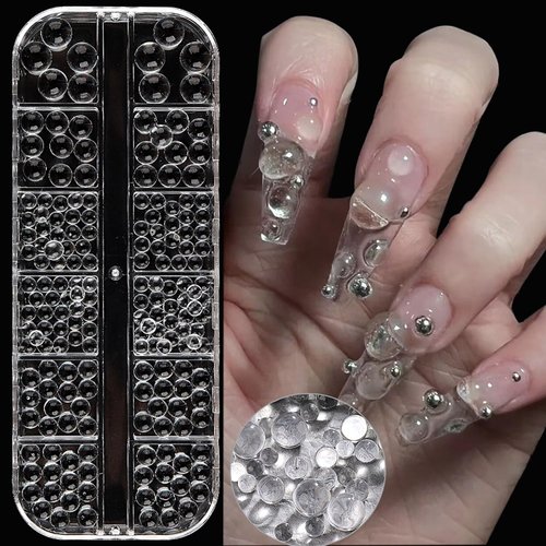 Vezocim Nail Art Beads, Clear Crystal Nail Caviar Pearl Designs, 3D Stereoscopic Mermaid Bubbles Glass Ball Acrylic Supplies Accessories for Women Girls Manicure Charms Decorations, DIY Crafts