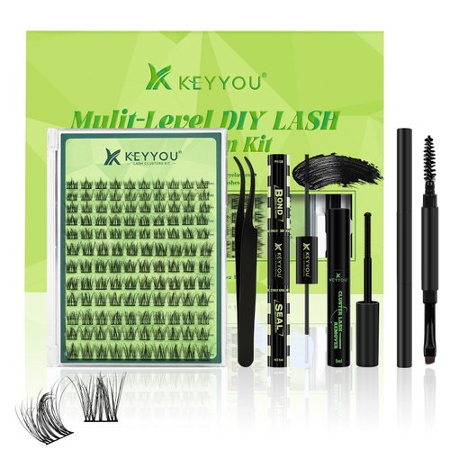 Lash Extension Kit 3D Effect Fluffy Lash Clusters Kit KEYYOU 120pcs D Curl 8-18MIX Complete High Definition Waterproof Kit DIY Lash Extension Kit (Aura-8-18MIX)