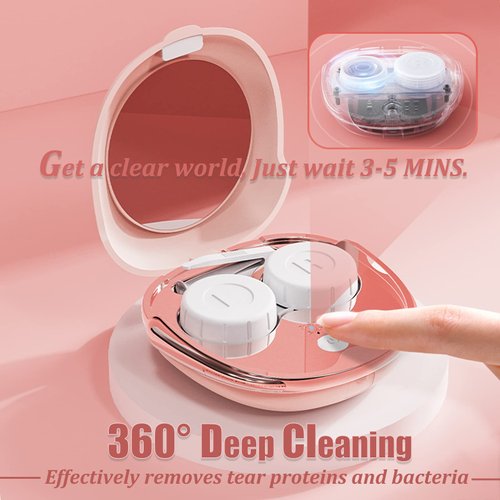 Contact Lens Cleaner, Portable Ultrasonic Contact Lens Cleaning Machine with USB Charger and Solution Soak Case Kit for Soft Lens, Colored Contact Lens, Hard Lens, RGP Lens and OK Lens (Pink)