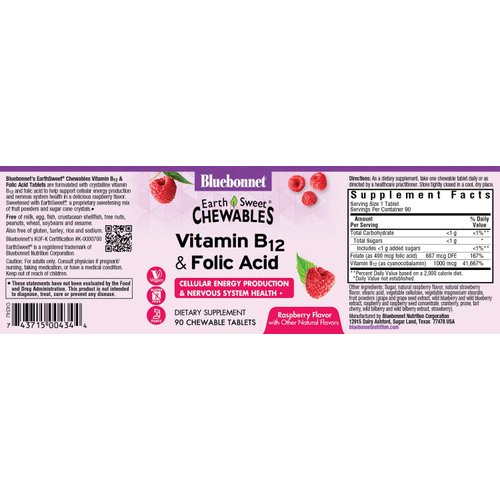 BlueBonnet Nutrition Earth Sweet Vitamin B12 & Folic Acid Chewable Tablets, Soy-Free, Gluten-Free, Raspberry 90 Count (Pack of 1)