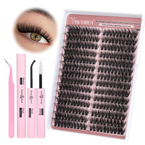 Yawamica Lash Clusters Kit Fluffy Lash Extension Kit 50D Volume Premade Cluster Eyelash Extensions Kit 9-16mm Wispy Eyelash Clusters Left & Right 280pcs with Bond and Seal and Lash Tweezers DIY Lash