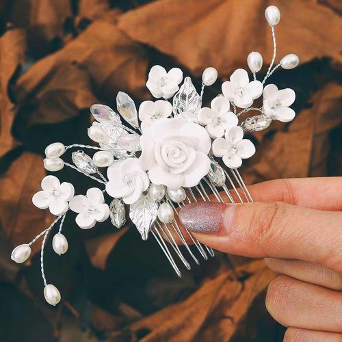 Kesvb Bride Wedding Hair Comb Silver Flower Hair Piece Rhinestone Bridal Side Combs Hair Accessories for Women and Girls