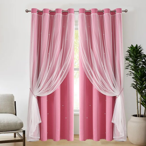 ABREEZE Princess Pink Curtain Hollow-Out Stars Dual Layer Grommet Top Mix and Match Blackout Curtains with White Sheer for Living Girl Room(1 Panel,59 x 84 inch,Pink)