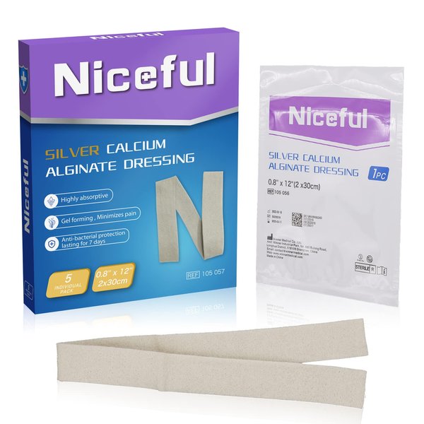 Niceful 5 Pcs Silver Calcium Alginate Wound Dressing 0.8"x12", Ag Calcium Alginate Rope with Silver, HSA FSA Eligible, High Absorbent Dressing Non Stick for Pressure Ulcer