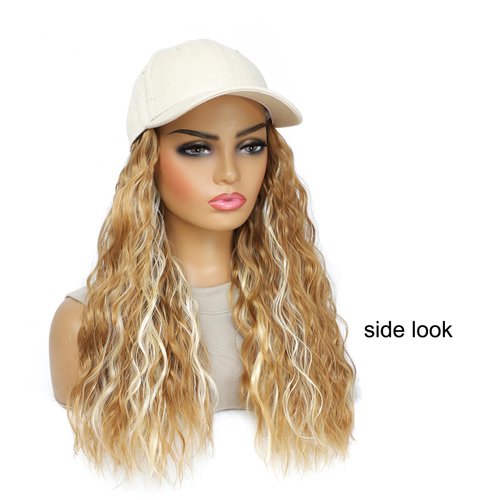 Yunkang Baseball Cap Wig Natural Wavy Hair Extensions With Hat attached Heat Resistant Synthetic Adjustable Hat Wig for Women Girls (M mix blonde, 14inch)