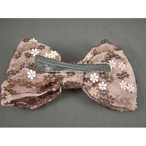 Taupe flower sequins chiffon fabric BOW 4 wide barrette hair clip gator claw