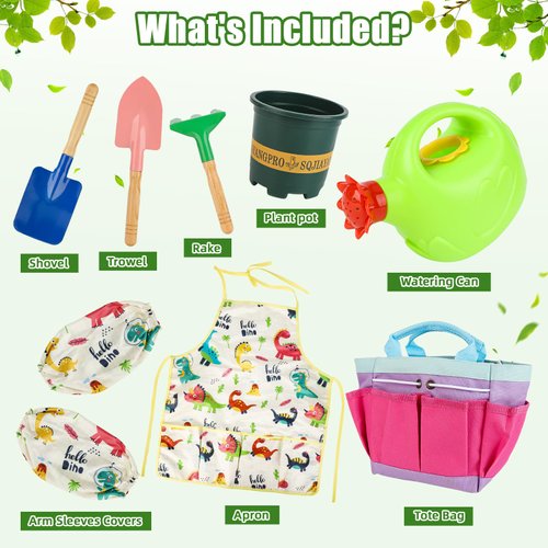 Gardening Tool Set for Kids, Garden Tools Kit with Tote Bag, Watering Can, Apron, Shovel, Rake, Flowerpot and Arm Sleeves Covers for Toddlers, Outdoor Backyard Farm Digging Toys for Boys and Girls