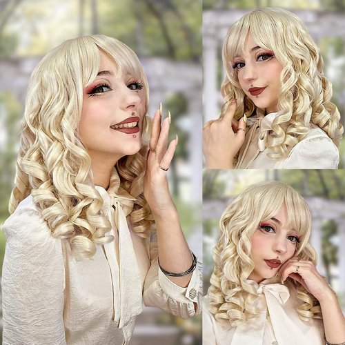 AOSIWIG Short Curly Blonde wig Retro Roman Curly Wig with Bangs Cute Lolita Wig Synthetic Wigs Women Halloween Cosplay Wig Princess Curly Wig (Blonde，Beige White)